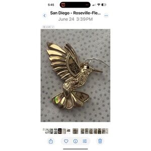 Gold Tone‎ HummingBird Brooch Pin Faux Abalone Inlay Shell 2" Tall